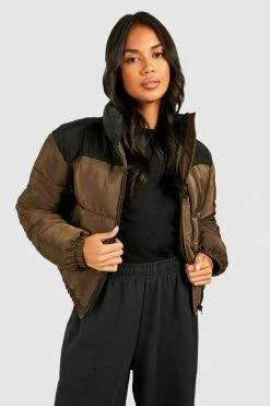 Best reviews of ???? Colorblock Funnel Neck Puffer Jacket Khaki ????