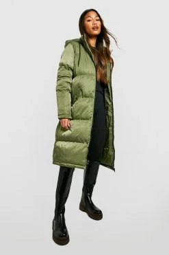 Outlet ???? Longline Hooded Padded Puffer Jacket Khaki ????