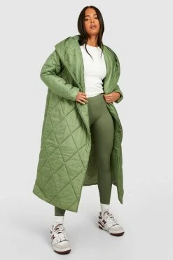 Budget ❤️ Petite Diamond Quilt Maxi Hooded Puffer Khaki ⭐