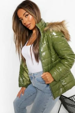 Outlet ???? Petite High Shine Faux Fur Trim Hooded ???? Coat Khaki ????
