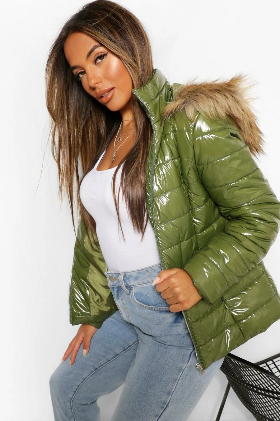 Outlet ???? Petite High Shine Faux Fur Trim Hooded ???? Coat Khaki ???? 1 Outlet ???? Petite High Shine Faux Fur Trim Hooded ???? Coat Khaki ????
