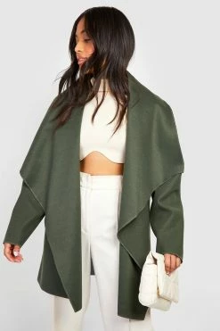 Buy ✔️ Petite Waterfall Drape Front Wool Look ???? Coat Khaki ????