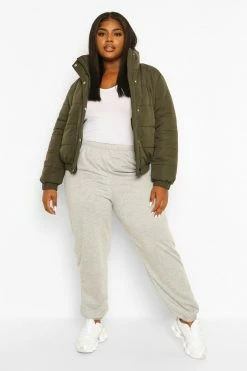 Cheap ❤️ Plus Funnel Neck Puffer Jacket Khaki ✔️