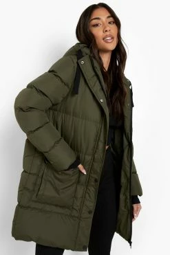 Promo ???? Pocket Detail Hooded Puffer Jacket Khaki ✨