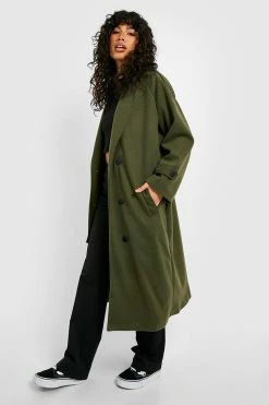 Cheap ???? Premium Double Breasted Wool Look Trench ???? Coat Khaki ❤️