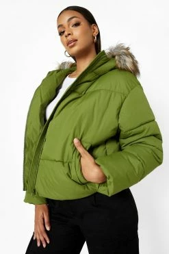 Top 10 ???? Recycled Faux Fur Trim Hooded Puffer Jacket Khaki ????