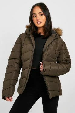Brand new ???? Short Faux Fur Trim Puffer Khaki ????