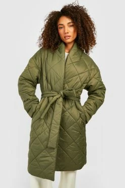 Wholesale ???? Tall Diamond Quilt Belted Duvet Puffer Jacket Khaki ????