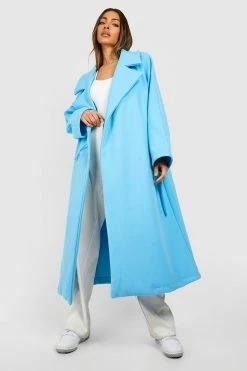 Best reviews of ???? Oversized Belt Detail Wool Look ???? Coat Light Blue ⌛
