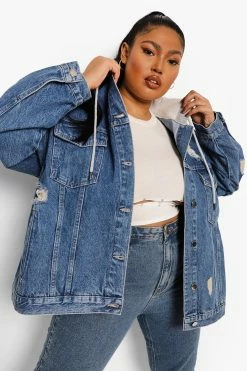 Cheap ???? Plus Loopback Hooded Denim Distressed Jacket Mid Blue ????