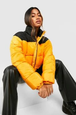 Top 10 ⌛ Colorblock Funnel Neck Puffer Jacket Mustard ????