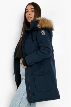 Best Pirce ???? Faux Fur Trim Hooded Padded Jacket Navy ????