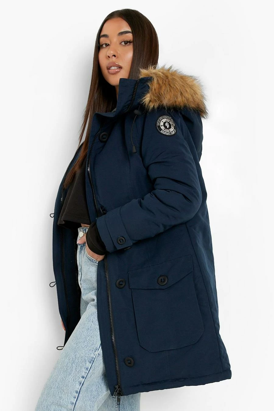 Best Pirce ???? Faux Fur Trim Hooded Padded Jacket Navy ???? 1 Best Pirce ???? Faux Fur Trim Hooded Padded Jacket Navy ????