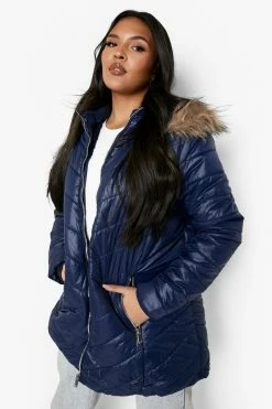 Buy ✨ Plus Faux Fur Trim High Shine Puffer Jacket Navy ????