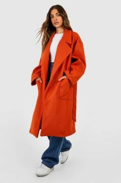 Coupon ✔️ Belted Pocket Detail Wool Look ???? Coat Orange ⌛