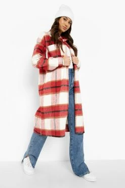 Discount ???? Check Wool Look Longline Shacket Red ????