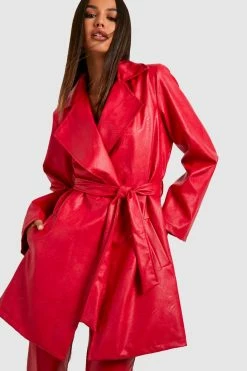 Outlet ❤️ Faux Leather Belted Wrap Trench ???? Coat Red ????