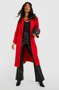 Top 10 ???? Wool Look Synched Waist Detail ???? Coat Red ????