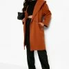 Wholesale ???? Belted Hooded Wool Look ???? Coat Rust ????