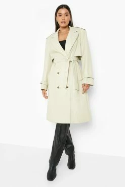 Best deal ⭐ Faux Leather Trench ???? Coat Sage ????