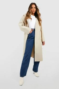 Budget ???? Contrast Trim Wool Look ???? Coat Stone ????