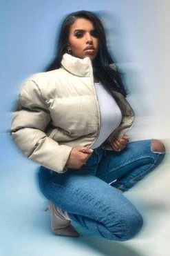 Hot Sale ???? Faux Leather Puffer Jacket Stone ????