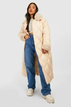 Flash Sale ❤️ Petite Faux Fur Collar And Cuff Quilt Puffer Stone ????