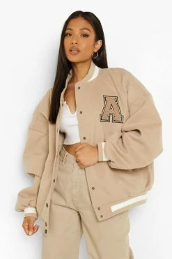 Outlet ❤️ Petite Patch Letter Oversized Varsity Jacket Stone ????
