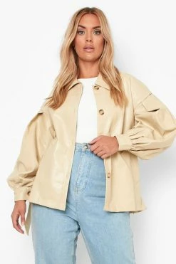 Budget ???? Plus Volume Sleeve Faux Leather Jacket Stone ????