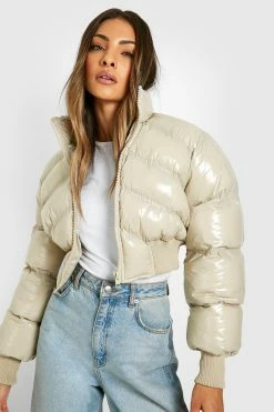 New ???? Quilted Crop Puffer Jacket Stone ????