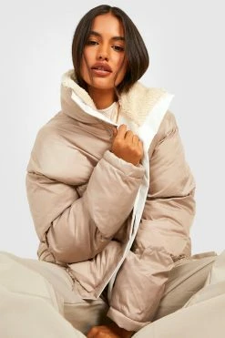 Best Pirce ???? Teddy Faux Fur Collar Puffer Jacket Stone ✔️