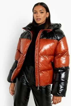 Best Pirce ???? High Shine Panelled Oversized Puffer Jacket Tan ????