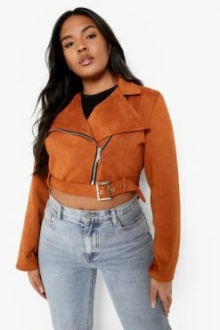 Deals ???? Plus Belted Suedette Crop Moto Jacket Tan ????