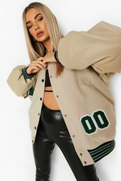 Coupon ???? Pu Sleeve Oversized Varsity Jacket Taupe ????