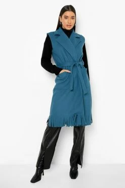Flash Sale ???? Sleeveless Tassel Wool Look ???? Coat Teal ????