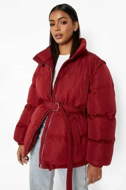 Best Pirce ???? Detachable Sleeve Belted Puffer Jacket Wine ????